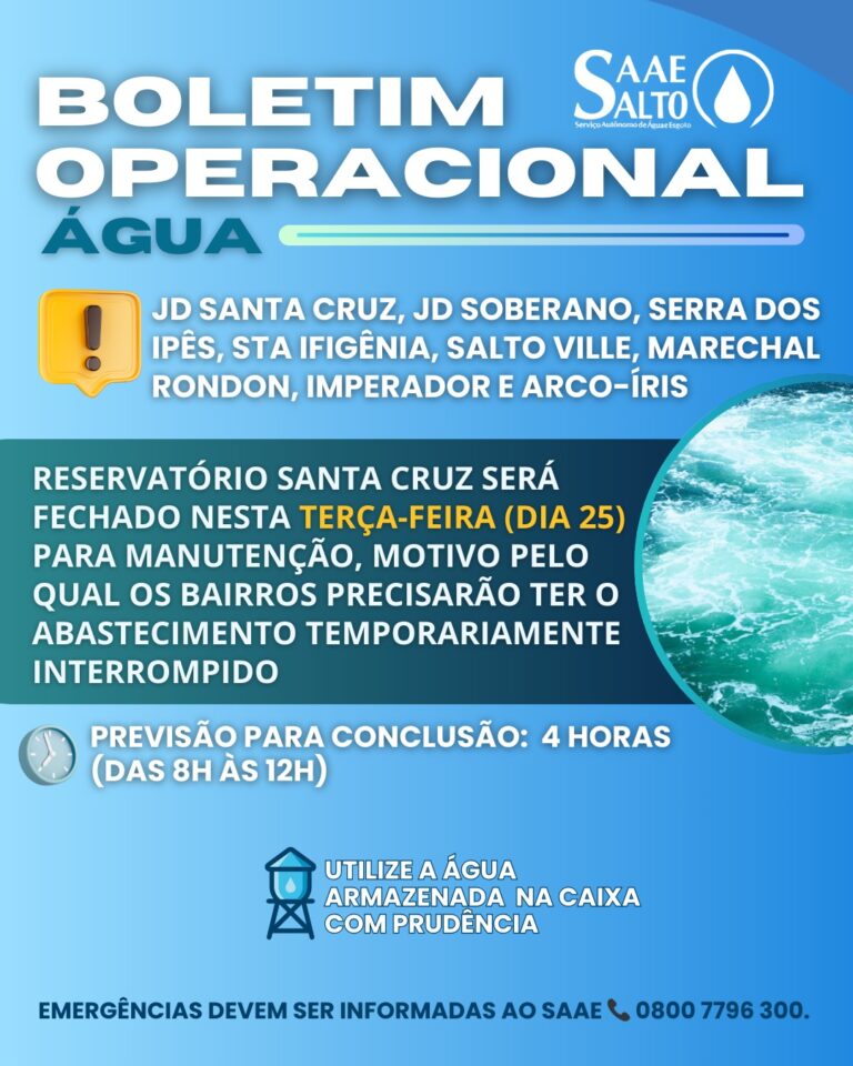 Leia mais sobre o artigo RESERVATÓRIO SANTA CRUZ SERÁ FECHADO NESTA TERÇA (25) PARA MANUTENÇÃO 